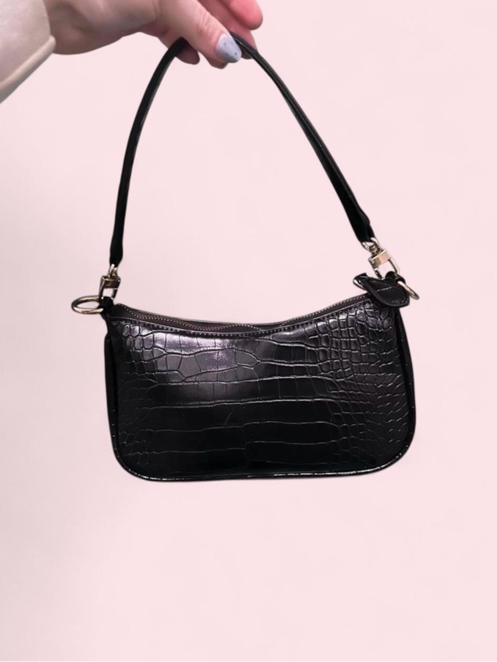 Black Croc-Embossed Shoulder Bag